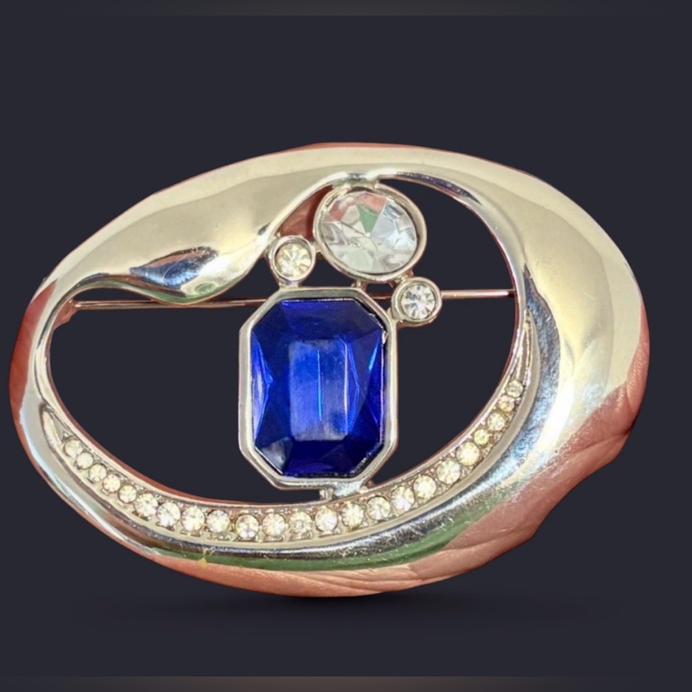 Vintage Park Lane Blue Crystal Rhinestone Brooch 1980s Silver Tone Statement Pin